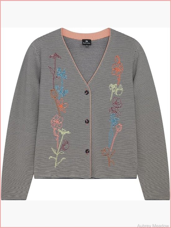 Sweaters - Embroidered Floral Cardigan - Cotton Three-Button